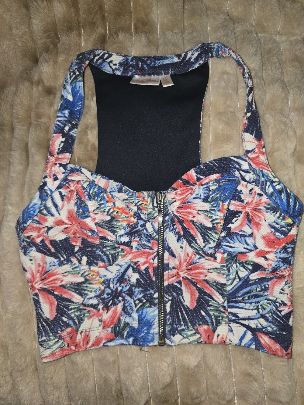 Marilyn Monroe Tropical Floral Zip Crop Top — Blue & Coral